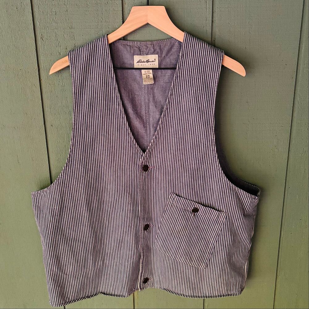 Vintage Eddie Bauer Railroad Stripe Vest Oversized Workwear Cotton S/M Gorpcore - Picture 2 of 6